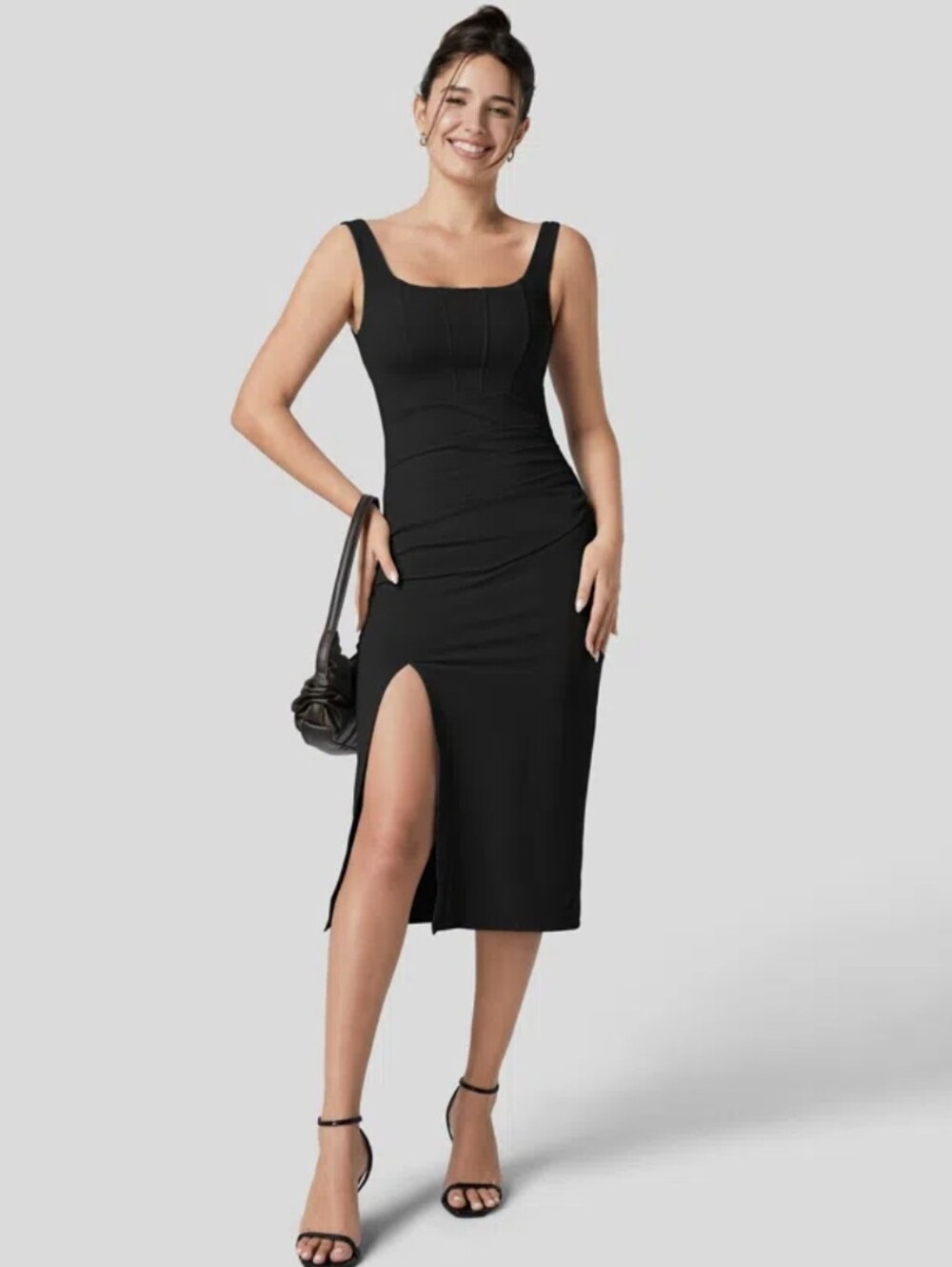 Halara SoftlyZero™ Airy Square Neck Corset Ruched Bodycon Black Midi Dress Sz S